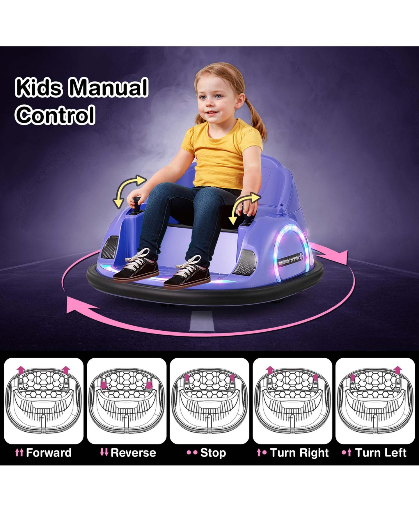 Детская игрушка Costway Electric 360° Spin Bumper Car with Remote Control, 27"L x 26"W x 16"H, 55 lb. Capacity, Ages 18+ Months, цвет: Тёмный фиолетовый — фото 7