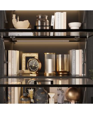 White Wood 4-Shelf Bookcase with Doors and 3-Color LED Lights