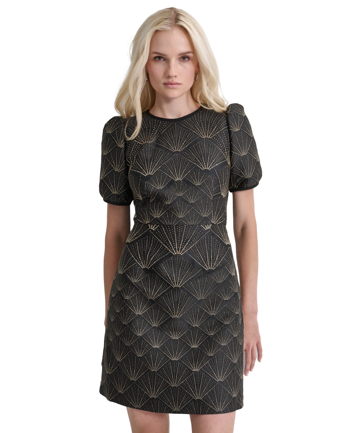 Dkny Women's Puffed-Sleeve Brocade-Texture Mini Dress -Gold