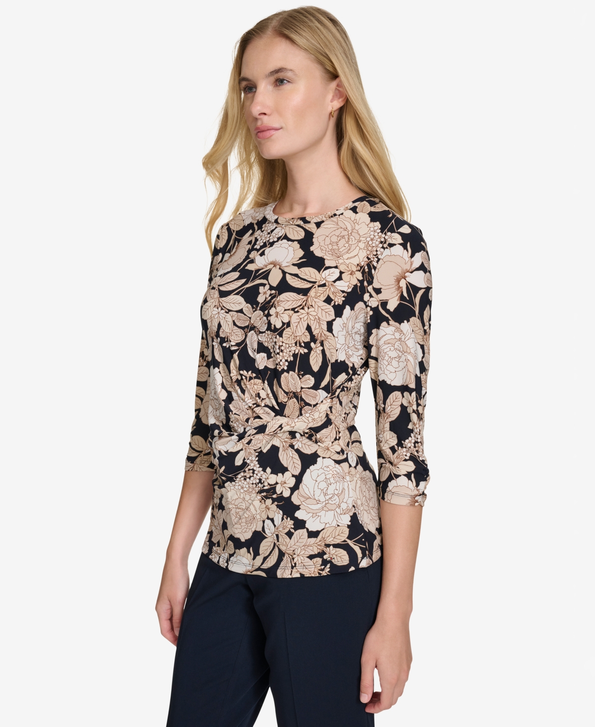 Tommy Hilfiger Women's Printed Crewneck Elbow-Sleeve Top -s
