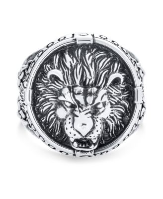 Big Statement Masculine King Of Jungle Round Viking Signet Roaring Lion Ring Solid Oxidized .925 Sterling Silver