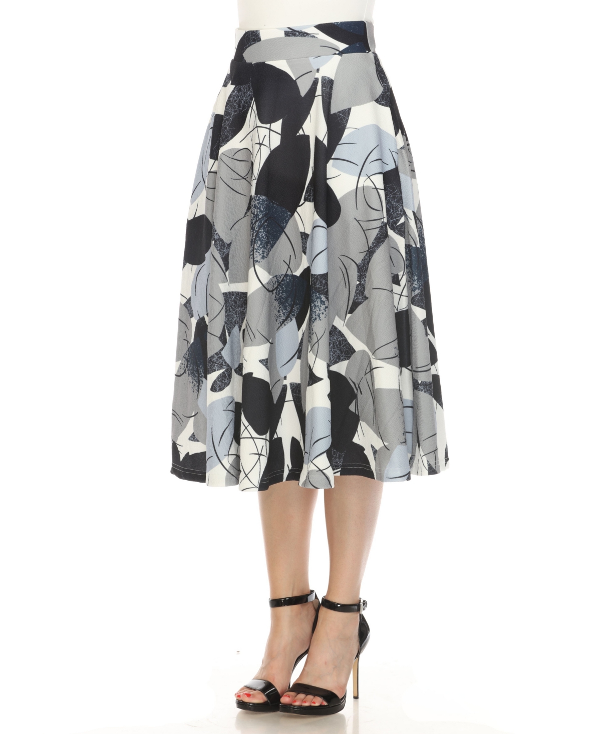 White Mark Women's Leaf Print Vintage Flared Midi Skirt In Navy