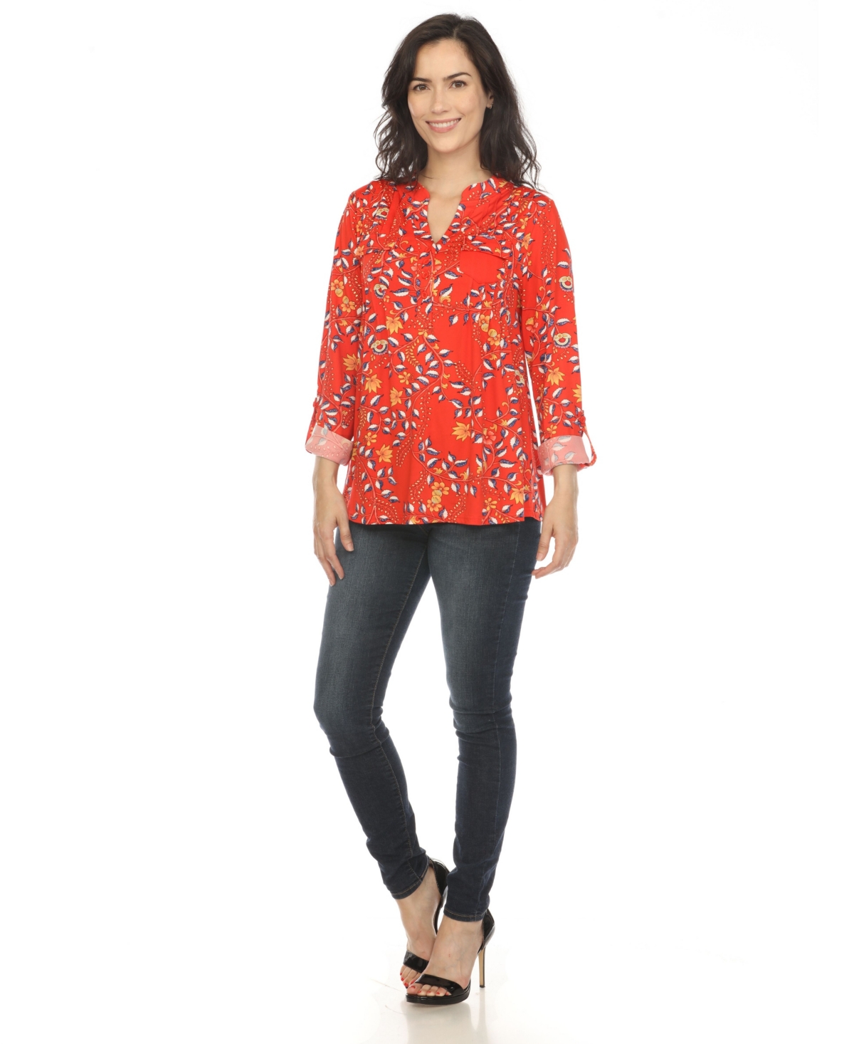White Mark Women's Paisley Button Front Tunic Top In Red
