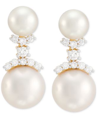 Cultured Freshwater Pearl (7 & 10-1/2mm) & Lab Grown Diamond (3/8 ct. t.w.) Double Drop Earrings in 14k Gold