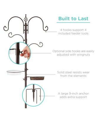 91in 4-Hook Bird Feeding Station, Steel Multi-Feeder Stand w/ 2 Feeders, Tray, Bird Bath