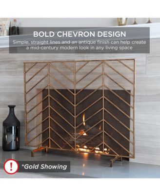 38x31in Single Panel Handcrafted Iron Chevron Fireplace Screen w/ Distressed Finish