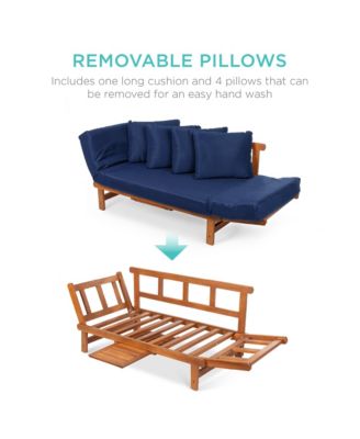 Outdoor Convertible Acacia Wood Futon Sofa w/ Pullout Tray, 4 Pillows, All-Weather Cushion - Navy