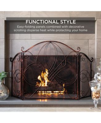 3-Panel 55x33in Wrought Iron Fireplace Safety Screen Decorative Scroll Spark Guard Cover