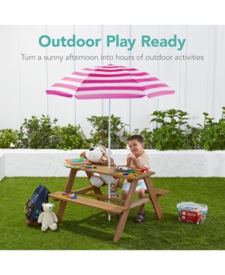 Kids Wooden Picnic Table, Outdoor Activity Table w/ Adjustable Umbrella, Seats