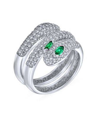 CZ Micro Pave Green Eye Stackable Bypass Wrap Wide Statement Serpent Snake Ring Open Adjustable .925 Sterling Sliver
