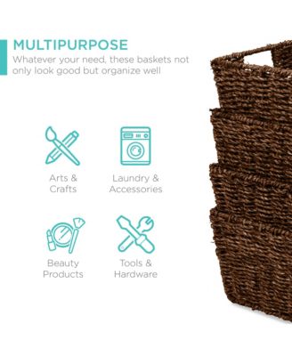 Set of 4 Multipurpose Stackable Seagrass Storage Laundry Organizer Baskets with Handles