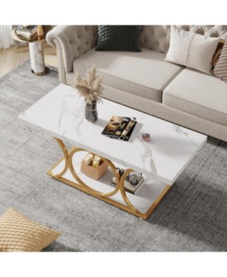 47.24" Modern Coffee Table 2-Tier Faux Marble Wood with Geometric Metal Legs, Stylish & Functional for Living Room Black Friday 2024 Deal