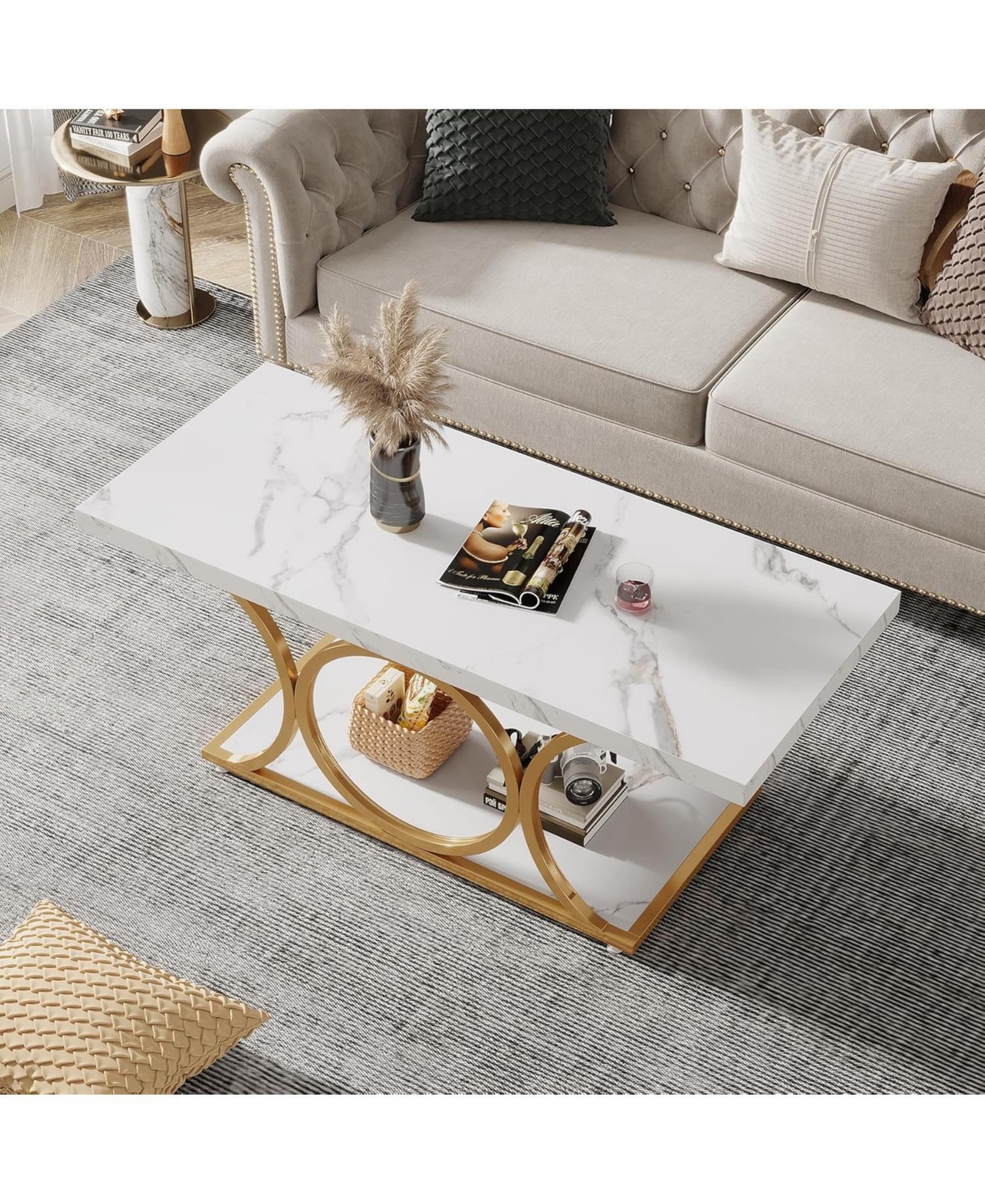 Tribesigns Rectangle Coffee Table, 47.24-inch Modern Coffee Tables for Living Room, 2-Tier Faux Marble Wood Coffee Table with Geometric Metal Legs,Bla
