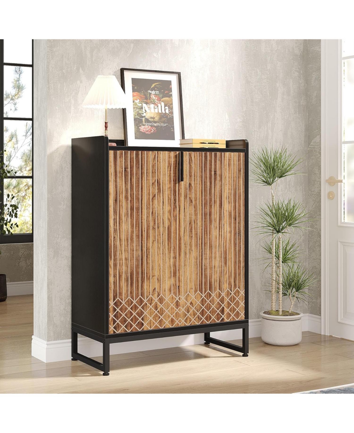 Tribesigns 25 Pair Shoe Cabinets with Doors, 5-tier Modern Shoe Rack Organizer Cabinet, Freestanding Wood Storage Cabinet for Bedroom Hallway Living R