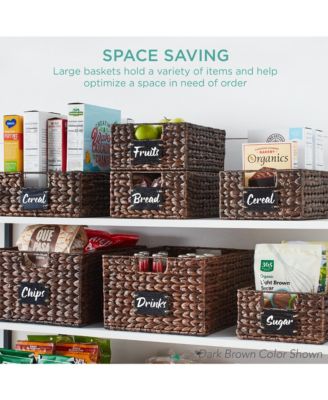 Set of 4 13-Inch Woven Water Hyacinth Pantry Baskets with Chalkboard Label and Chalk Marker