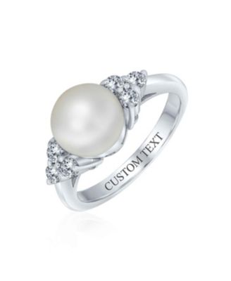 Bridal Party CZ Halo Side Stones White Solitaire Freshwater Cultured Pearl Engagement Cocktail Ring For Women .925 Sterling Silver