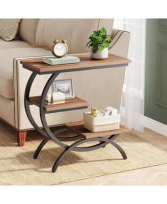 C-shaped End Table, Industrial 3-tier Small Side Table for Couch, Wood Bedside Table Snack Side Table Small Space, Rustic Brown