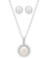 2-Pc. Set Cultured Freshwater Button Pearl (8 & 10mm) & Lab Created White Sapphire (7/8 ct. t.w.) Halo Pendant Necklace & Match
