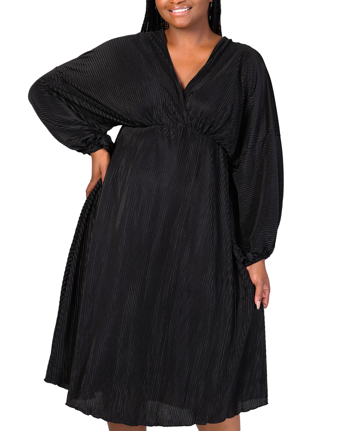 24seven Comfort Apparel Plus Size Shimmer V-neck Midi Dress In Black