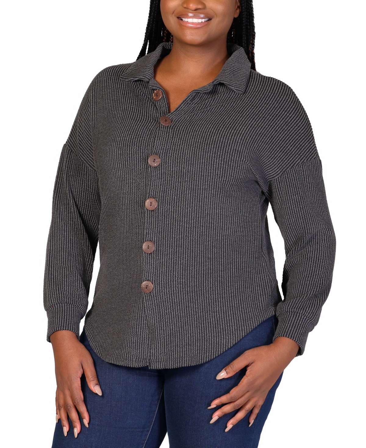 24SEVEN COMFORT APPAREL PLUS SIZE RIB BUTTON UP SHIRT JACKET 