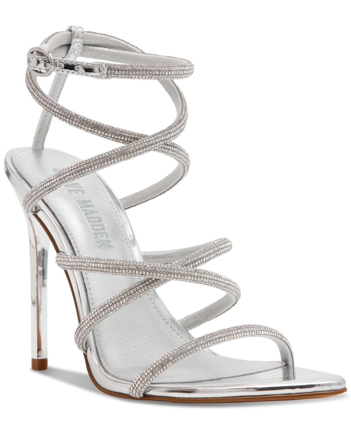Steve Madden Sky Ankle Strap Pointed Toe Sandal In Silver Rhinestone