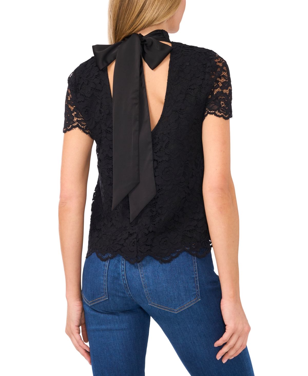 CeCe Women's Lace Mock Neck Cap Sleeve Blouse