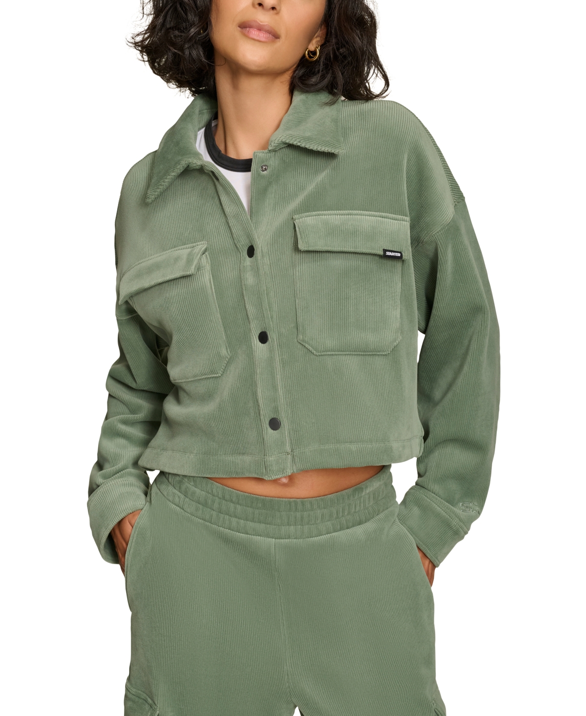 Shop Starter Women's Cropped Snap-front Knit Jacket In Duck Green