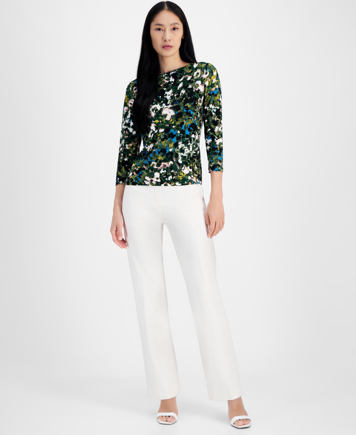 Anne Klein Women's Printed Boat-Neck 3/4-Sleeve Top