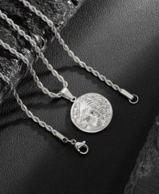 Silver Stainless Steel Lion Coin Pendant Necklace