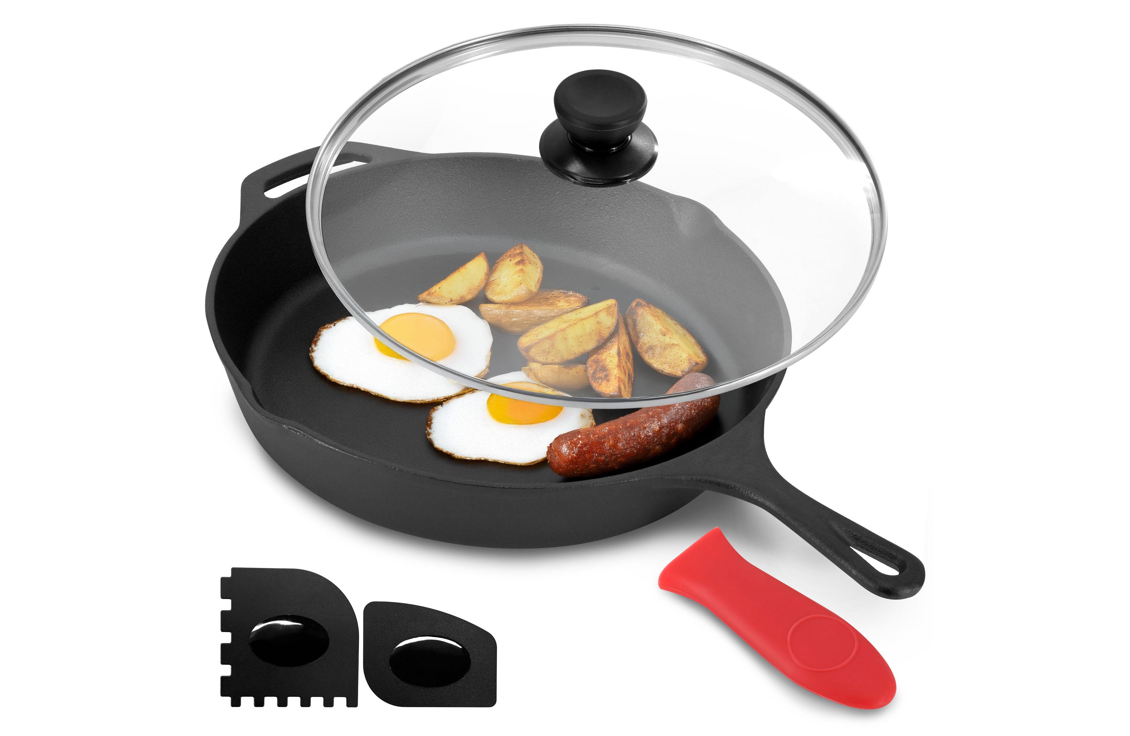 MegaChef 12 Inch Pre-Seasoned Cast Iron Skillet with Tempered Glass Lid