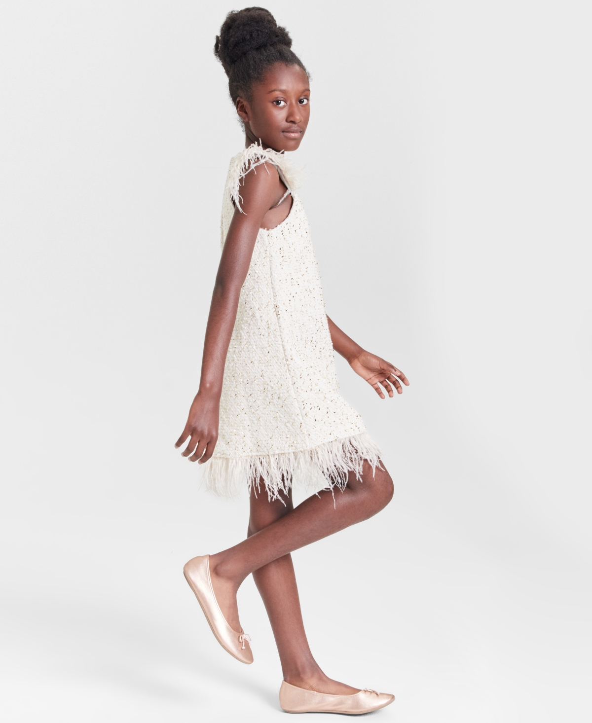 Rare Editions Big Girls Foil Boucle Dress with Faux Feathers
