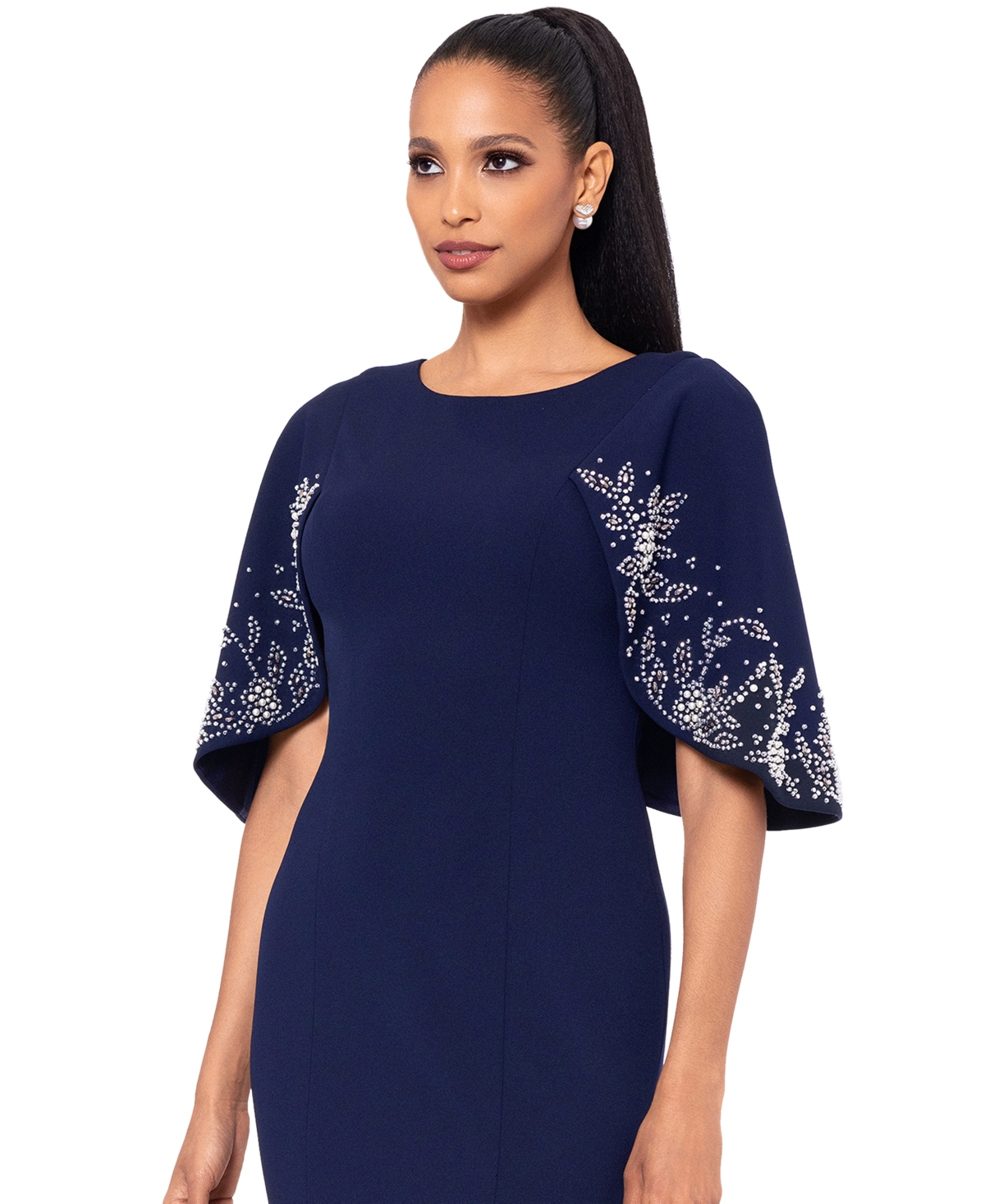 Betsy & Adam Women's Embellished Cape-Sleeve Gown -Silver