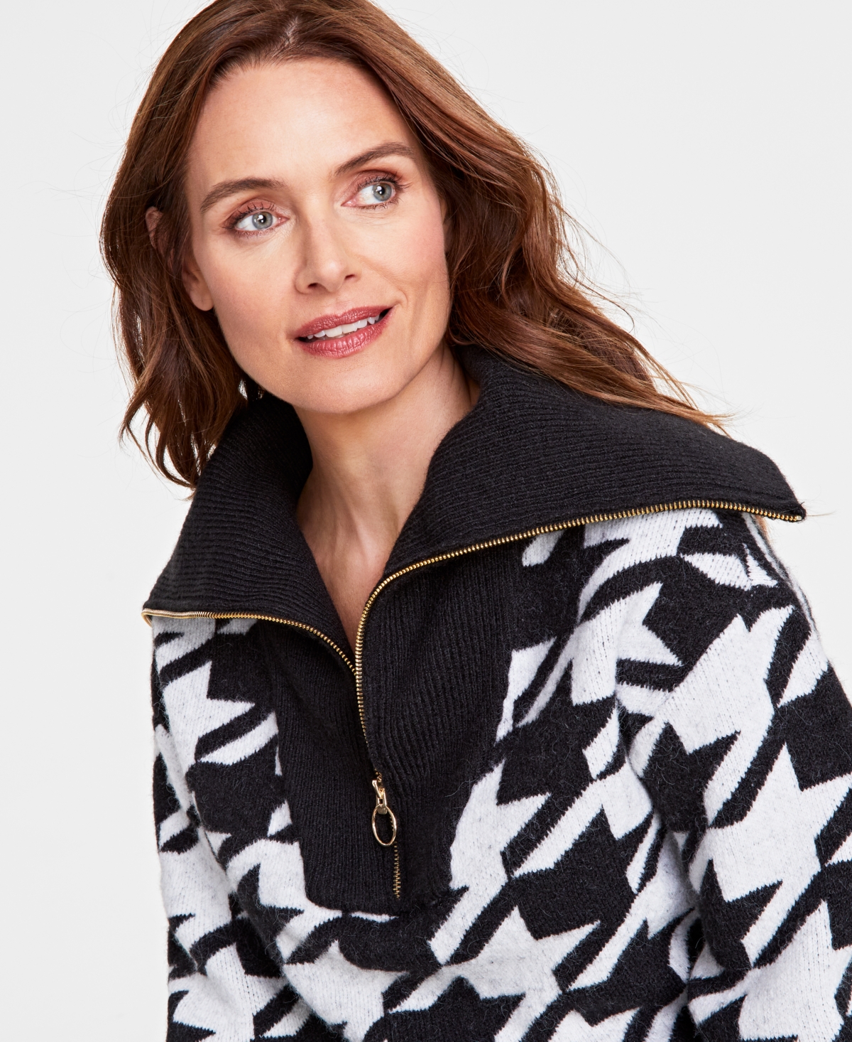 INC INTERNATIONAL CONCEPTS WOMEN'S HOUNDSTOOTH QUARTER-ZIP SWEATER, CREATED FOR MACY'S 