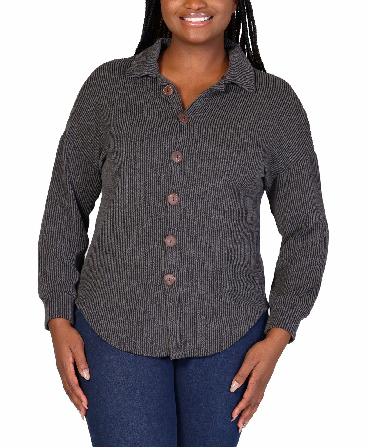 24SEVEN COMFORT APPAREL PLUS SIZE RIB BUTTON UP SHIRT JACKET 
