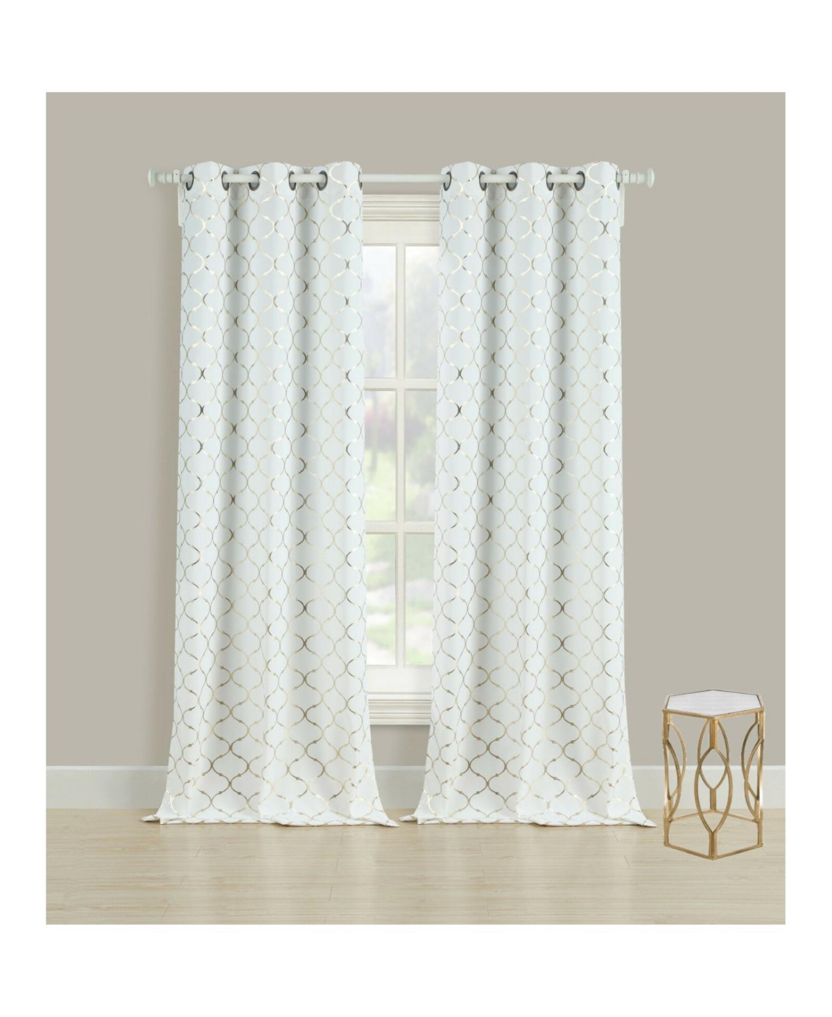 2 Pack Cotton Blend Shabby Metallic Quatrefoil Lattice Ultra Luxurious Grommet Top Window Curtain Panels - Gold