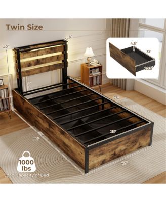 Twin Size Bed Frame w/ Drawers LED Lights Outlets & USB Ports Smart APP Control