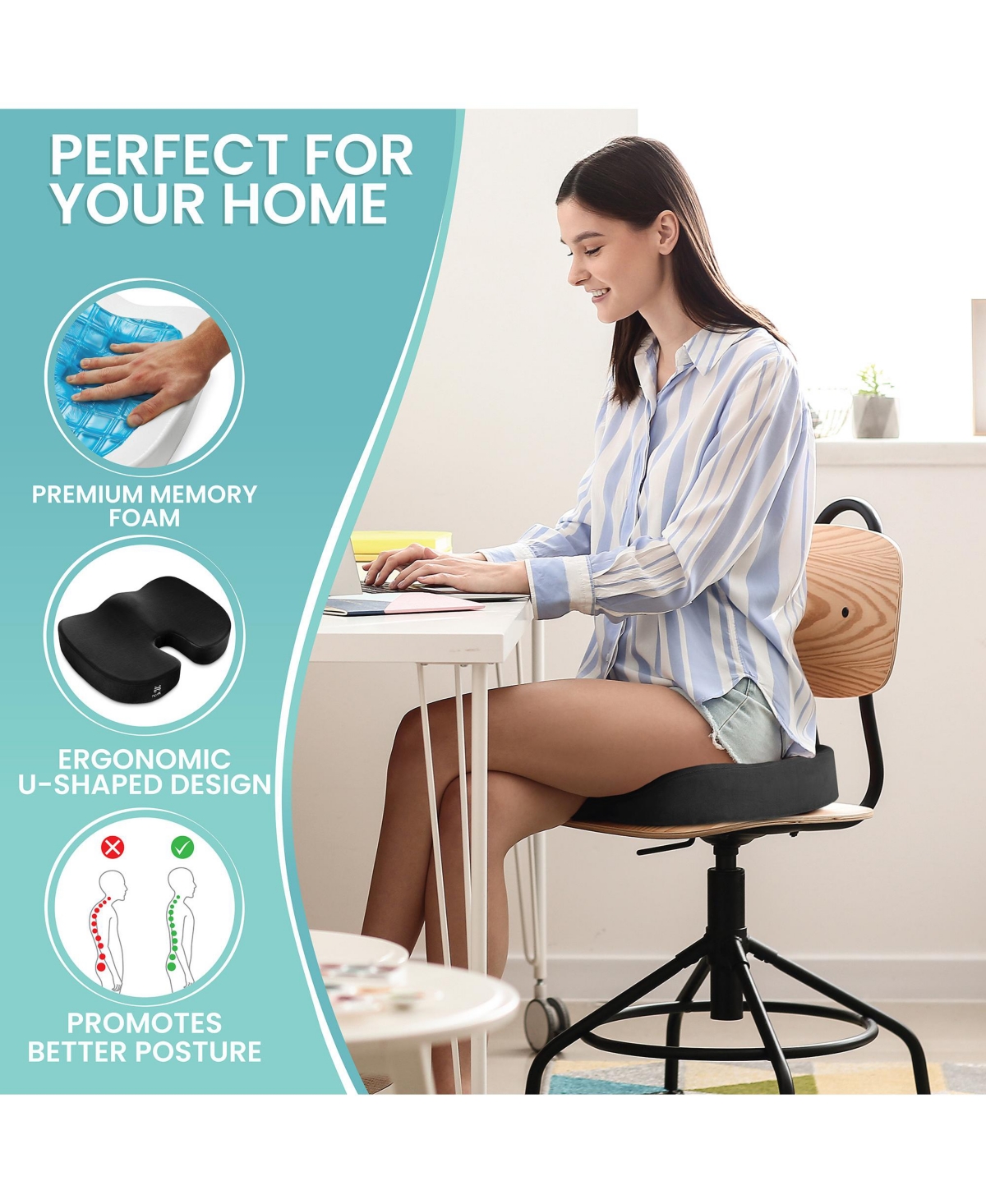 Node Gel-Enhanced Memory Foam Seat Cushion, Velour Ergonomic Orthopedic Comfort Pad, Ideal Pillow for Office Desk Chair, Wheelchair, Car & Truck - Bla