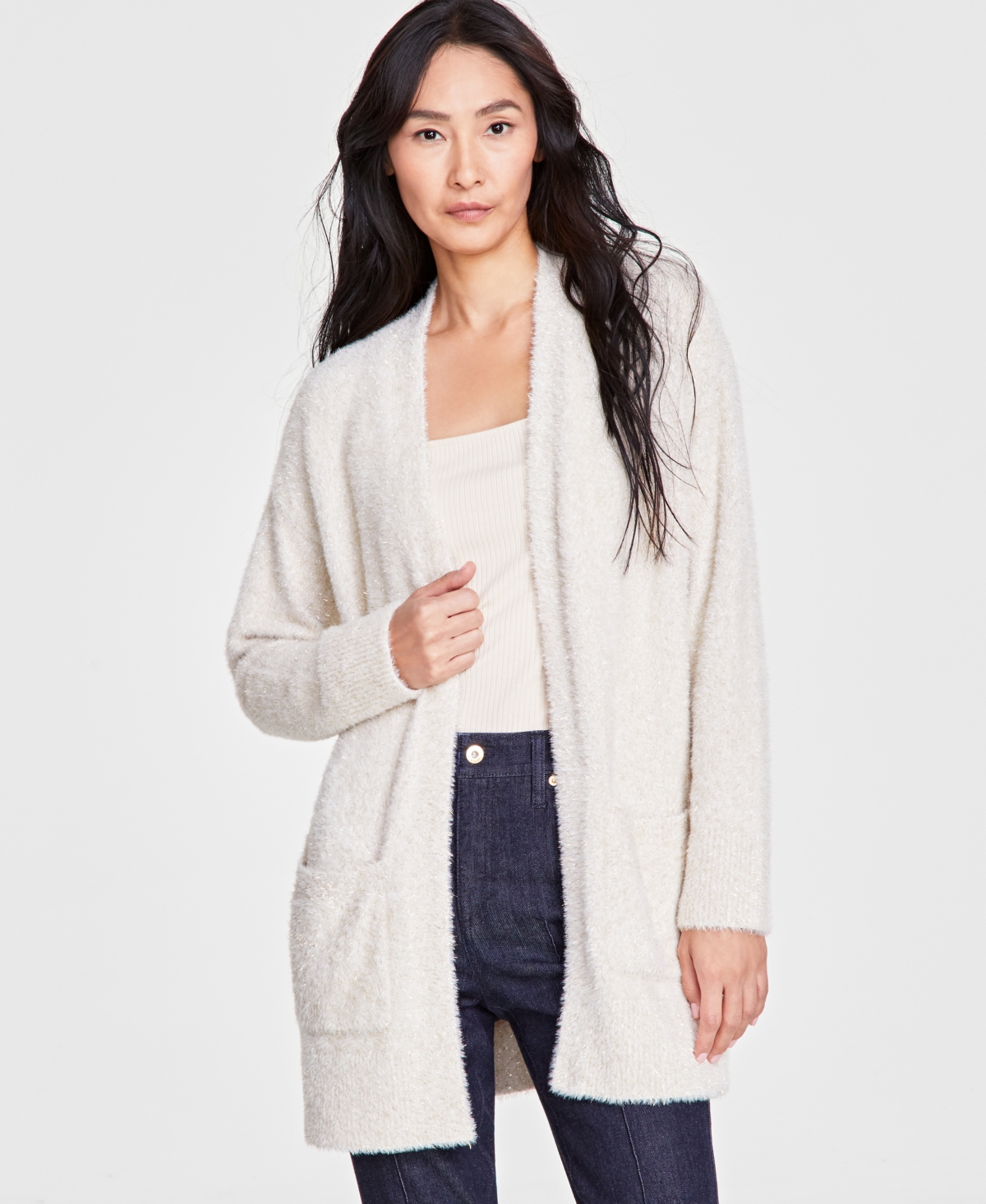 INC INTERNATIONAL CONCEPTS WOMEN'S METALLIC-EYELASH CARDIGAN, CREATED FOR MACY'S 