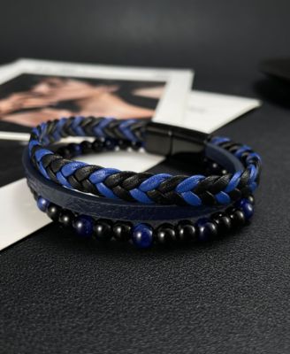 Blue Tigers Eye Weaved Leather Stainless Steel Bracelet