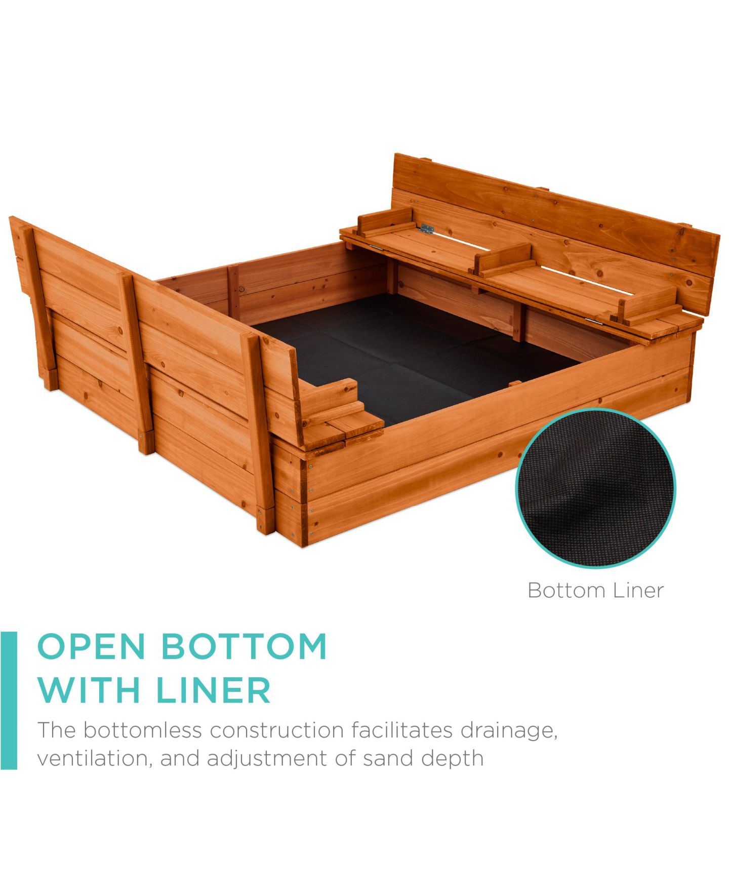 Детская игрушка Best Choice Products 47" x 47" Cedar Sandbox with 2 Foldable Bench Seats, Seats Up to 4, Ages 3-10, цвет: Коричневый — фото 5