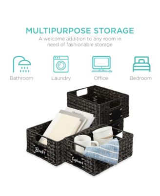 Set of 4 12in Woven Water Hyacinth Pantry Baskets w/ Chalkboard Label, Chalk Marker