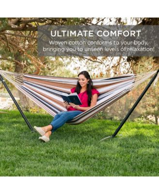 2-Person Brazilian-Style Cotton Double Hammock with Stand Set w/ Carrying Bag