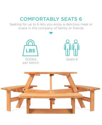 6-Person Circular Outdoor Wooden Picnic Table w/ 3 Built-In Benches, Umbrella Hole