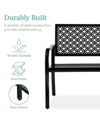 Indoor Outdoor Steel Garden Bench w/ Geometric Backrest, Foot Levelers