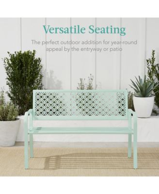 Indoor Outdoor Steel Garden Bench w/ Geometric Backrest, Foot Levelers