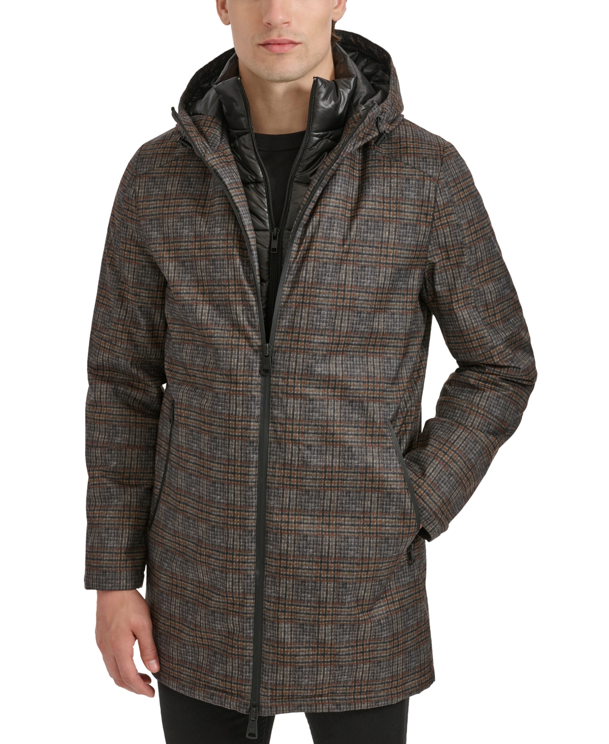 Men's Water-Resistant Hooded Stadium Coat with Removable Puffer Bib - Grey Plaid