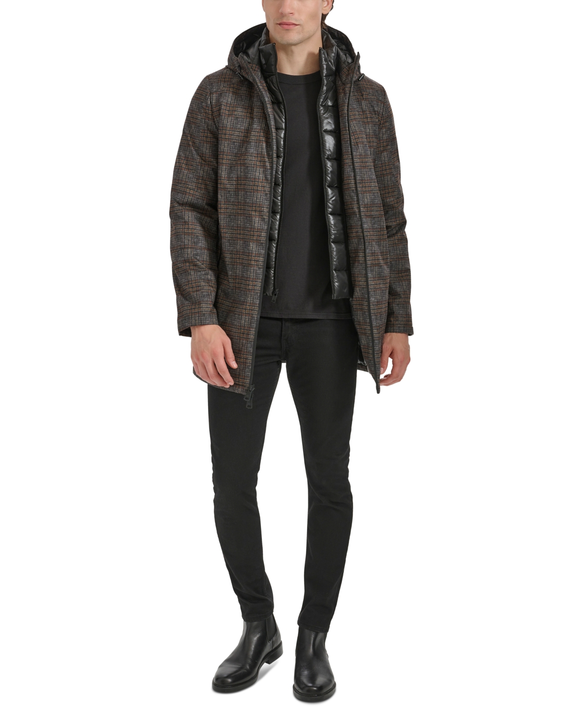 Kenneth Cole Men's Water-resistant Hooded Stadium Coat With Removable Puffer Bib In Grey Plaid