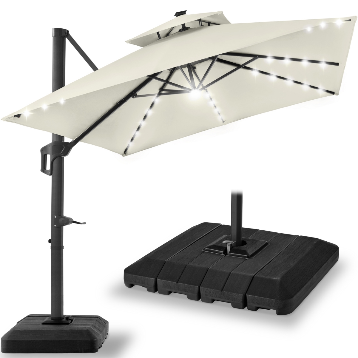 10x10ft 2-Tier Square Outdoor Solar Led Cantilever Patio Umbrella w/ Base Included - Slate