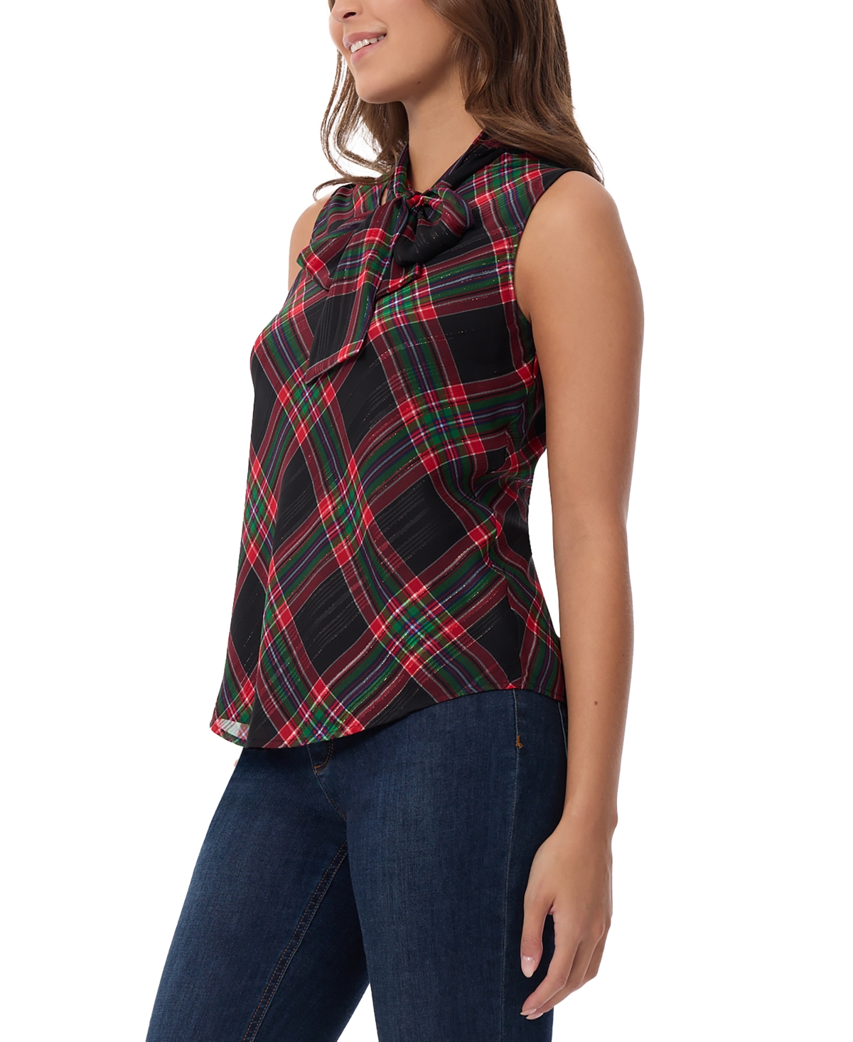 Jones New York Petite Plaid-print Bow-tie Sleeveless Top In Deep Rouge