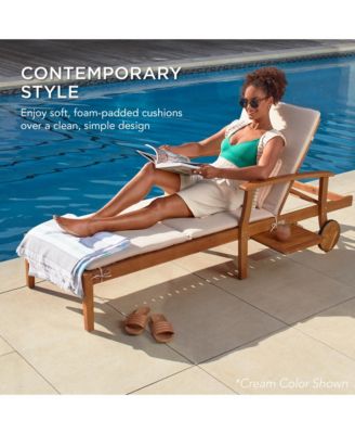 79x26in Acacia Wood Adjustable Backrest Outdoor Chaise Lounge Chair with Table and Wheels